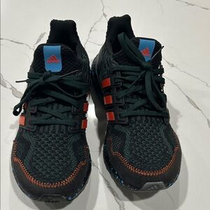 Men’s Adidas Ultraboost Black and Red Running Shoes with Blue Highlights